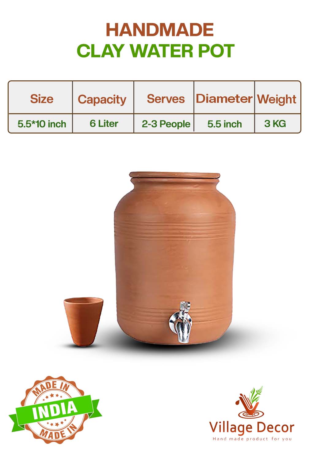 Eco-friendly 6-liter clay water Pot with lid, showing product dimensions, weight, and serving size.