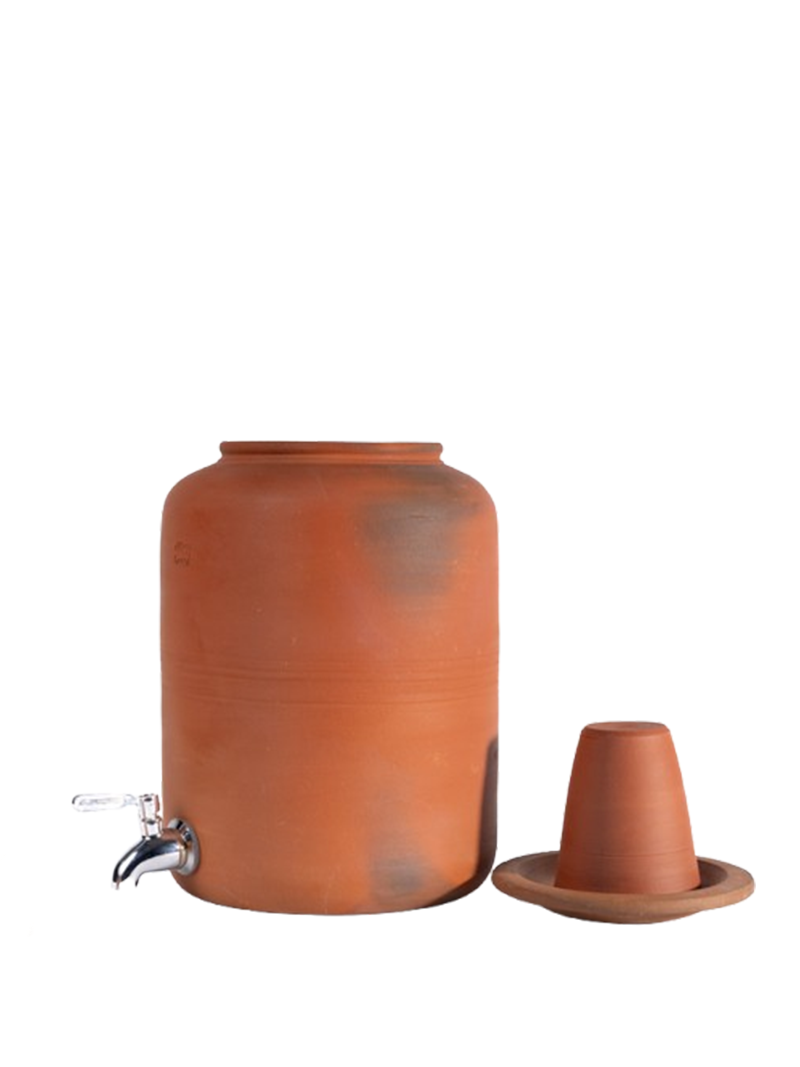 Clay water Pot with lid & Glass in matka style, handcrafted by Village Decor on white background.