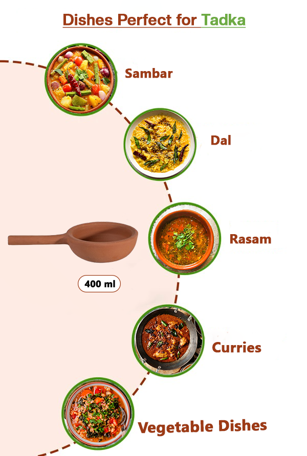 Clay pan with 400 ml capacity, ideal for tadka in sambar, dal, rasam, curries, and vegetable dishes.