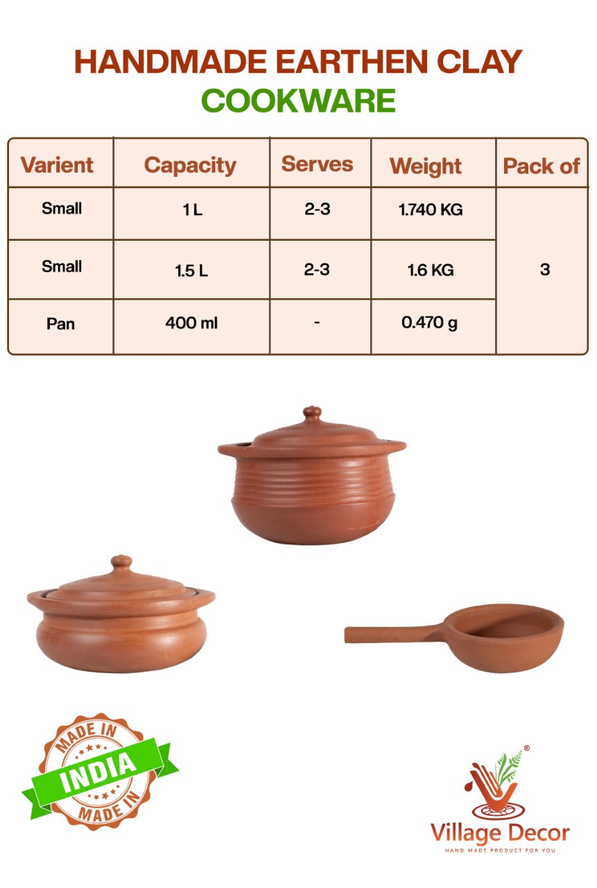 Handmade earthen clay cookware set with pot and pan, showing capacity, serving size, and weight details.