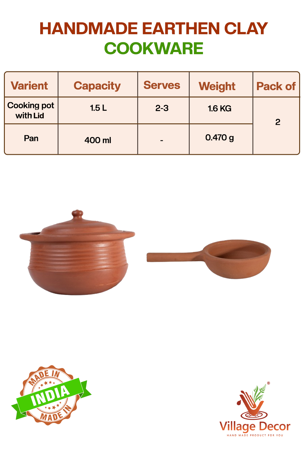 Handmade earthen clay cookware set with pot and pan, showing capacity, serving size, and weight details.