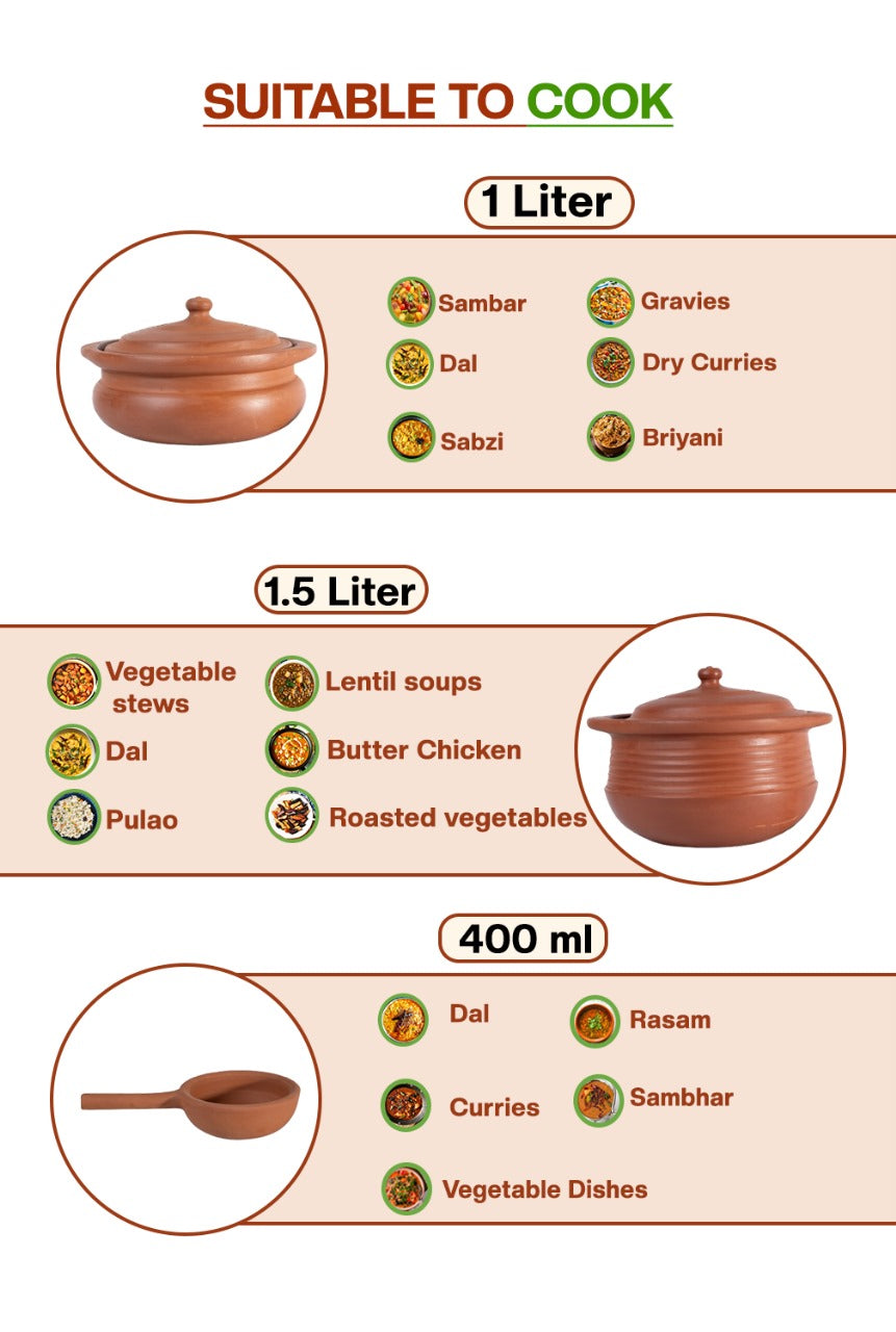 Clay cookware set with 1L, 1.5L pots and 400ml pan, suitable for cooking sambar, dal, biryani, curries, stews, rasam, and vegetable dishes.