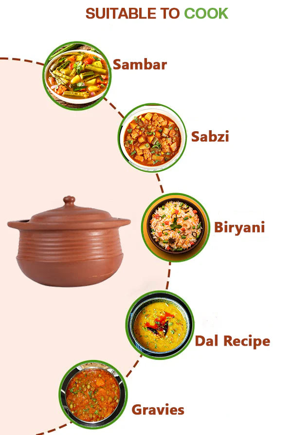 Clay cooking pot suitable for preparing sambar, sabzi, biryani, dal, and gravies.