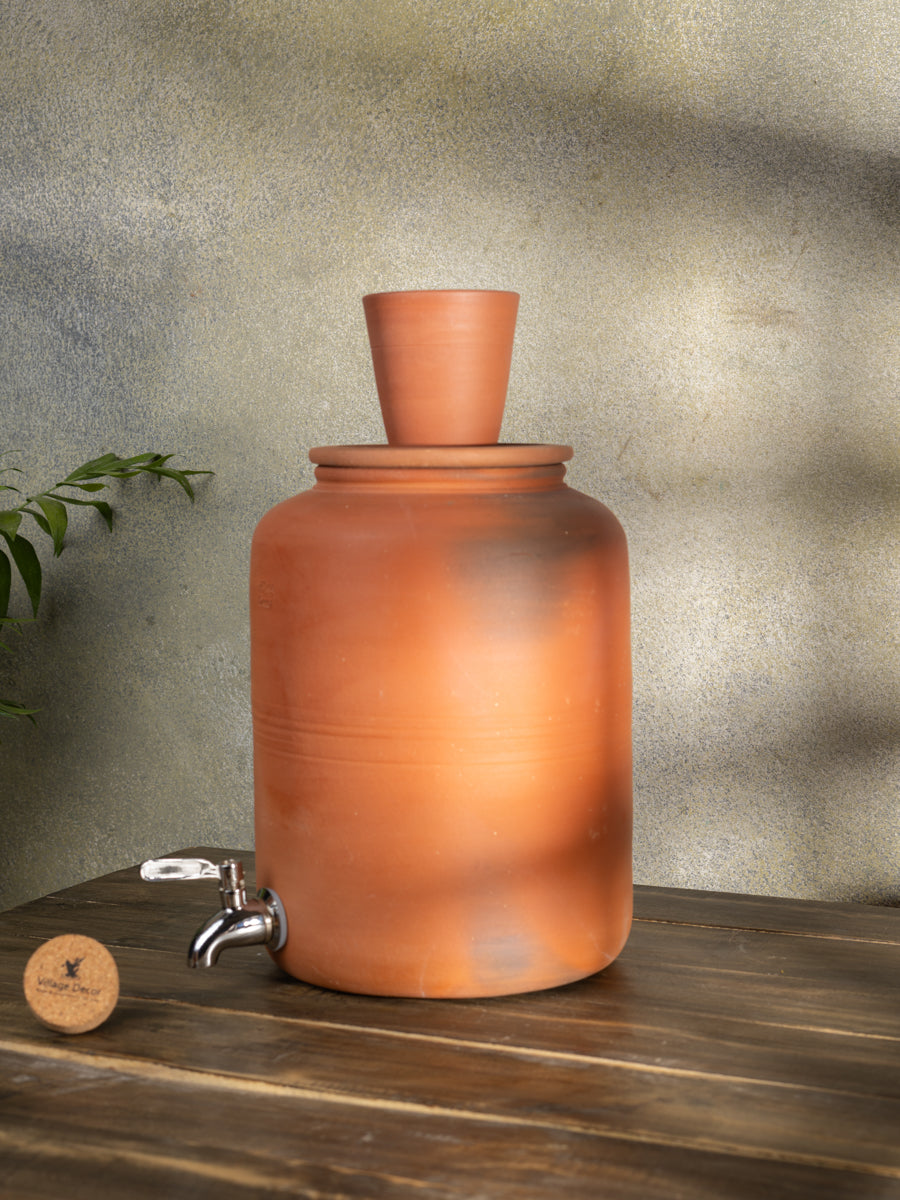 Village Decor Earthen Clay water pot with Lid & tap (Pre-seasoned) - 6000 ml
