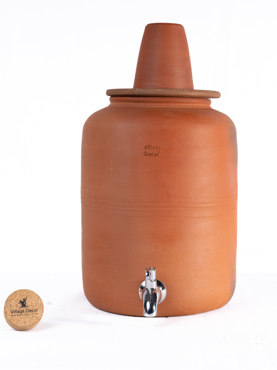 Village Decor Earthen Clay water pot with Lid & tap (Pre-seasoned) - 6000 ml