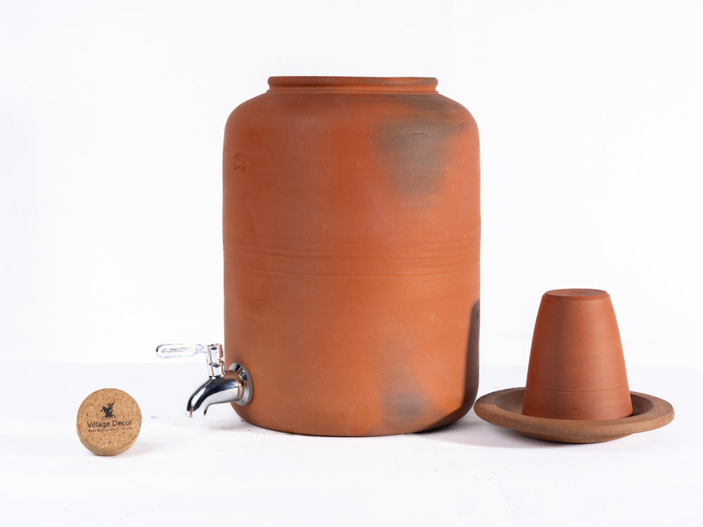 Village Decor Earthen Clay water pot with Lid & tap (Pre-seasoned) - 6000 ml