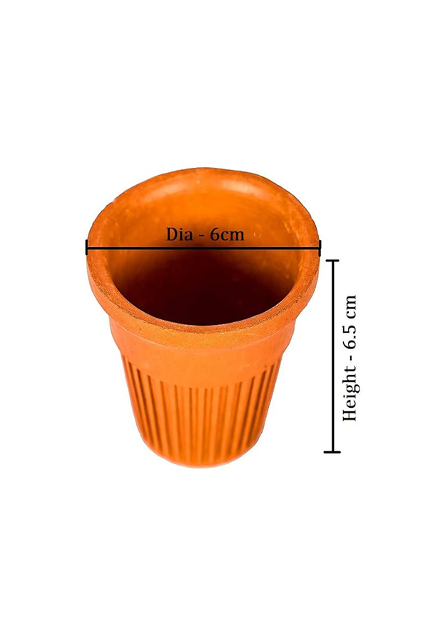 Terracotta disposable chai tea cup with dimension markings showing 6 cm diameter and 6.5 cm height, front view on white background.