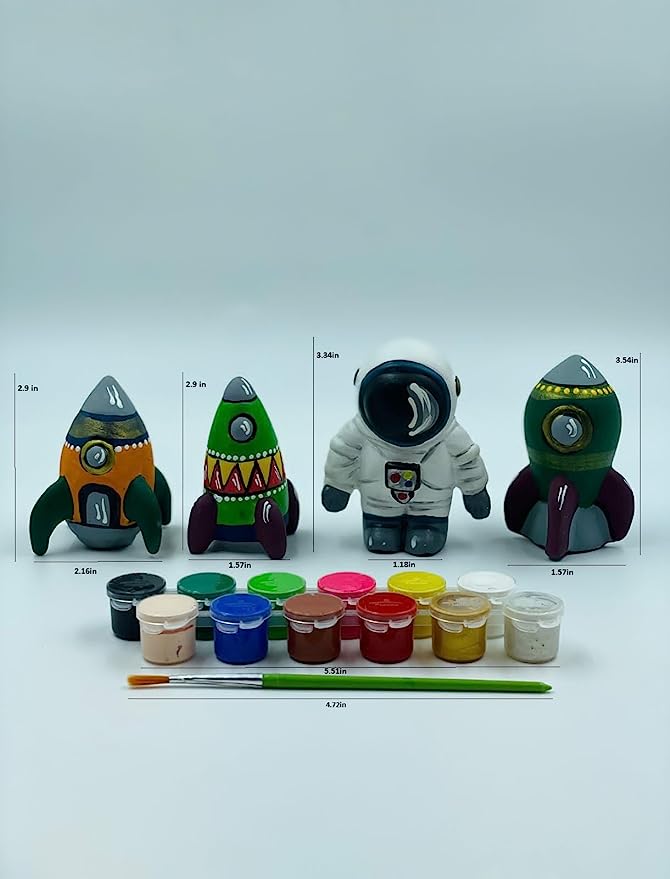 Dimension view of DIY rocket painting kit showing astronaut figurine, three rockets, 12 paint colors, and two brushes with size measurements