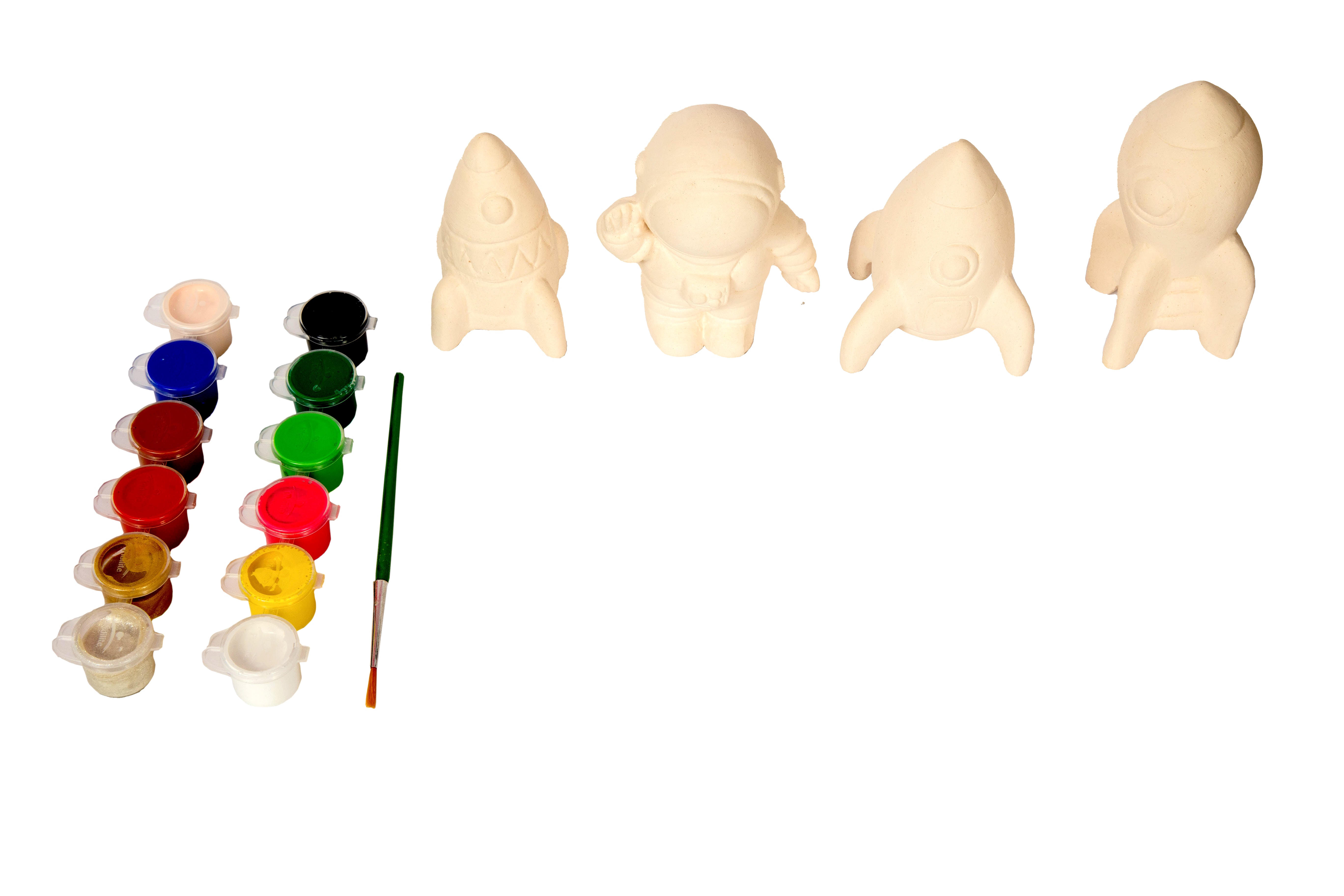 DIY rocket painting kit with unpainted clay rockets, astronaut figure, 12 color paints, and a paintbrush for kids