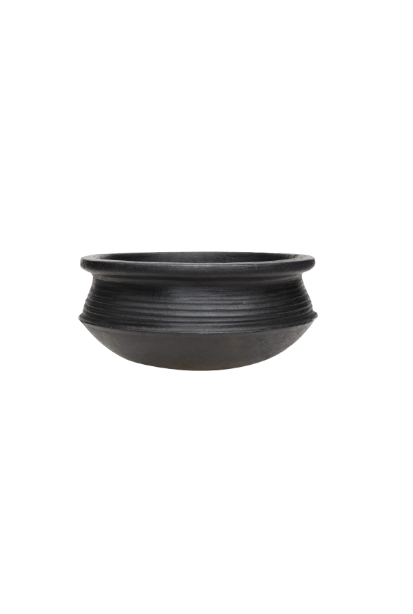Handmade black earthen clay cooking pot for traditional Indian recipes, gas stove safe and eco-friendly.