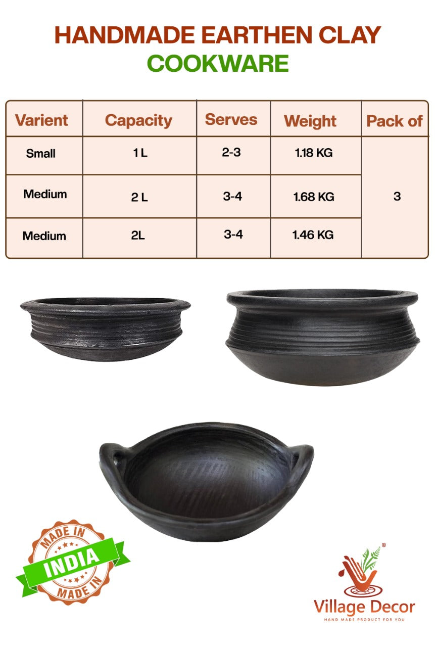 Handmade black clay cookware set shown with size, weight, and pack details for kitchen use. Made in India by Village Decor.