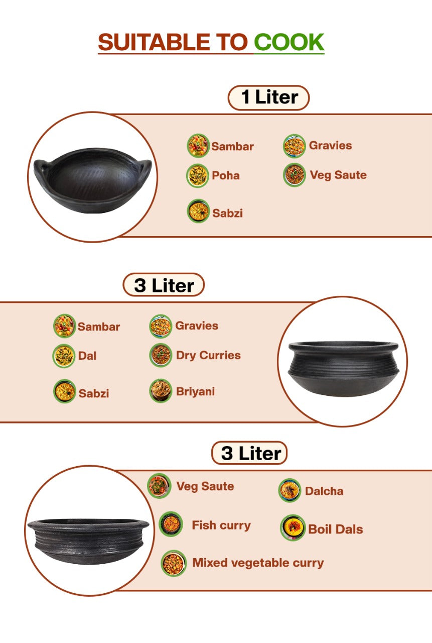 Black clay cookware combo in 3L pots and 1L kadai, suitable for cooking sambar, dal, biryani, fish curry, gravies, poha, and vegetable dishes.