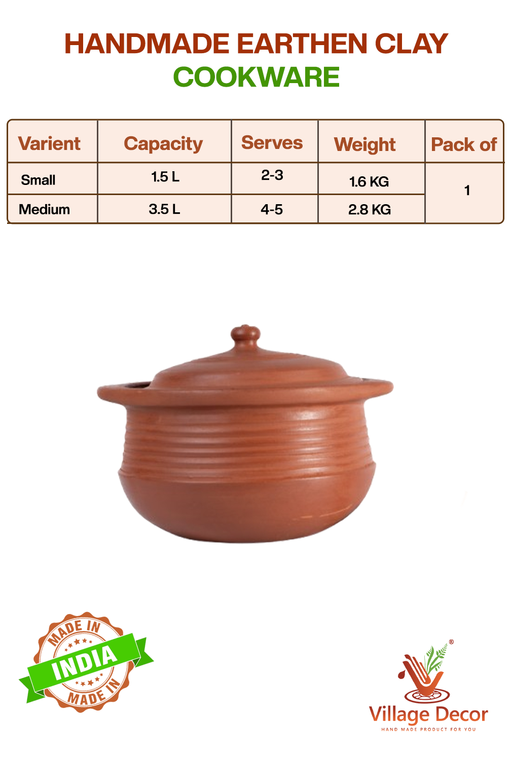 Handmade earthen clay cookware with capacity, serves, weight, and pack information on a white background.
