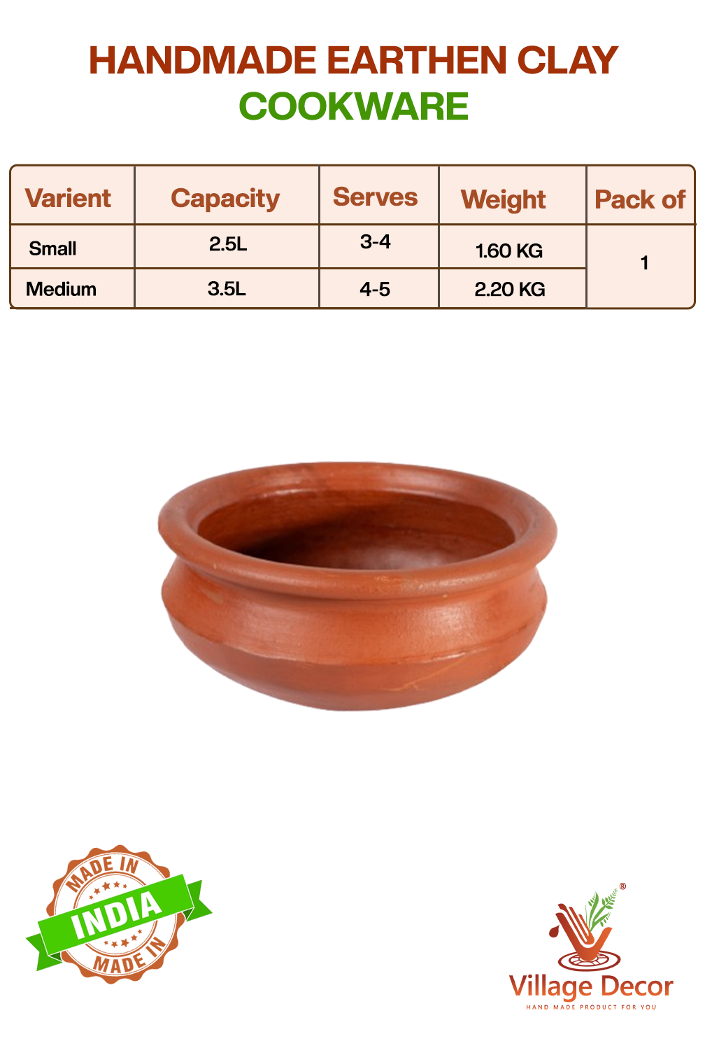 Handmade earthen clay cookware with capacity, serves, weight, and pack information on a white background.
