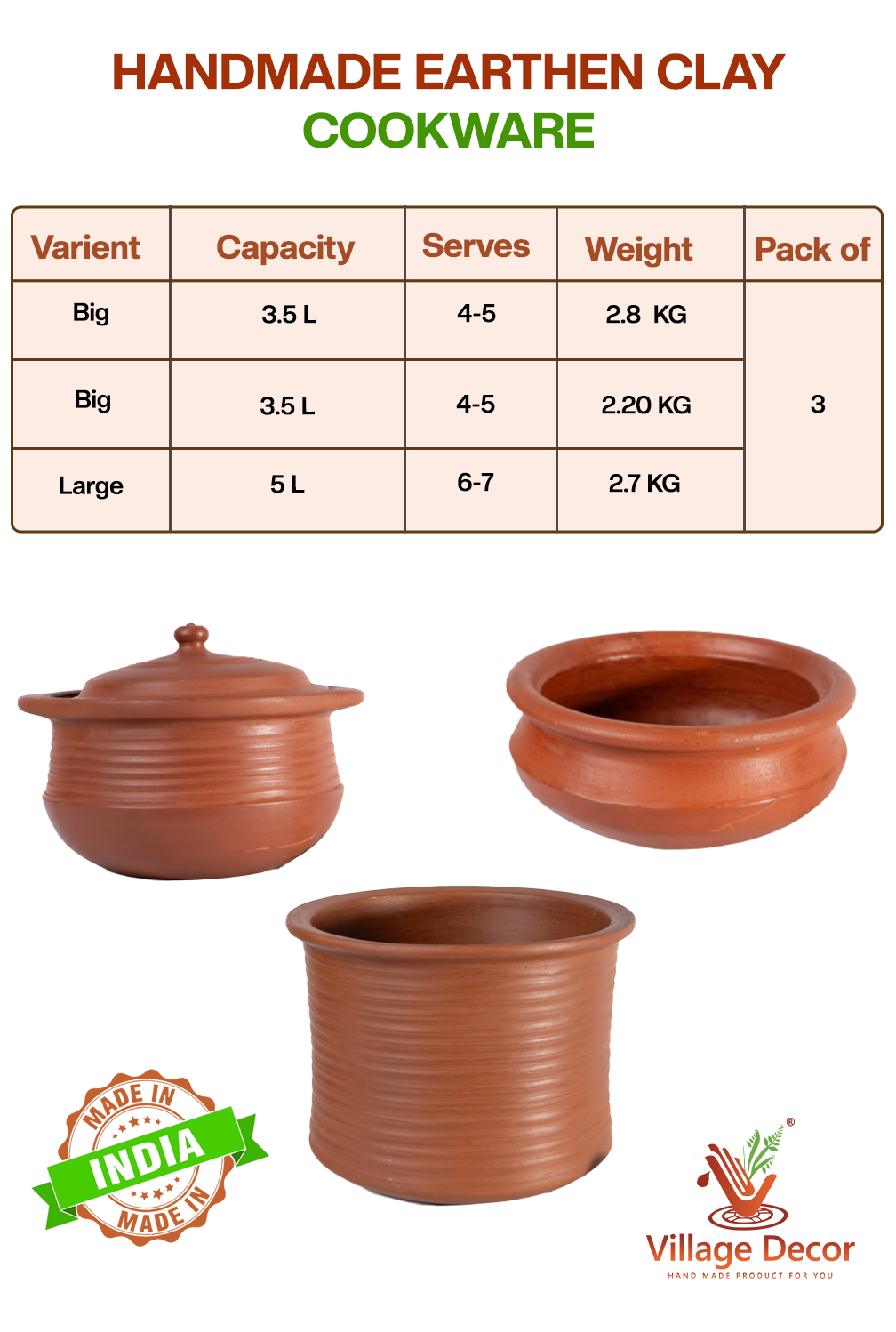Handmade clay cookware combo with 3.5L and 5L pots. Perfect for traditional cooking, gas stove safe, and made from natural earthen clay.