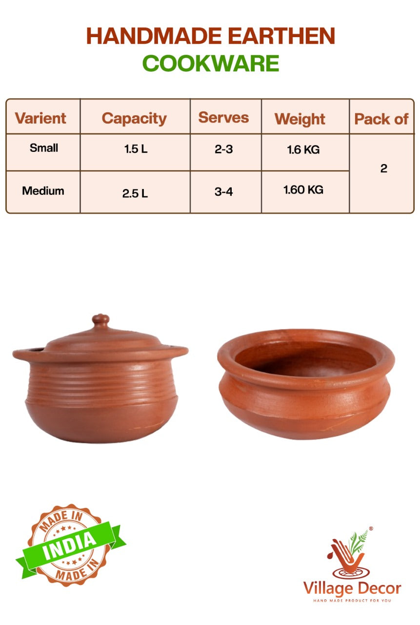 Handmade earthen clay cookware combo with 1.5L and 2.5L pots. Perfect for traditional cooking, gas stove safe, and made from natural earthen clay.