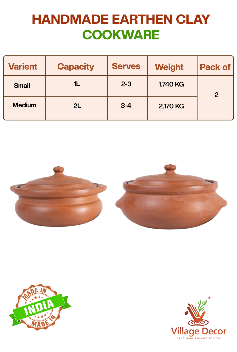 Handmade mini clay cookware combo with 1L and 2L pots. Perfect for traditional cooking, gas stove safe, and made from natural earthen clay.