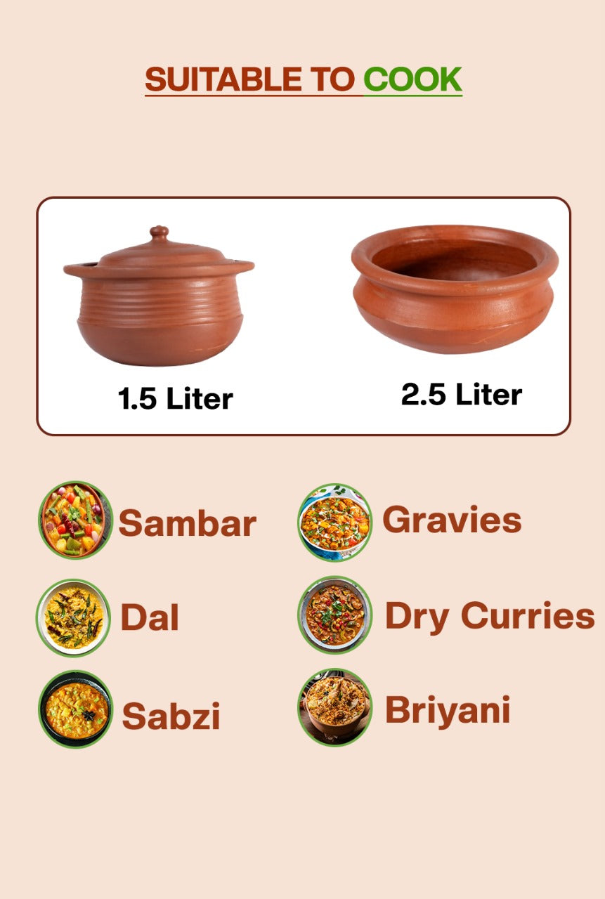 Traditional mitti ke bartan combo set (1.5L & 2.5L) for healthy home cooking. Perfect for making sambar, dal, sabzi, gravies, and biryani with rich, earthy flavor.