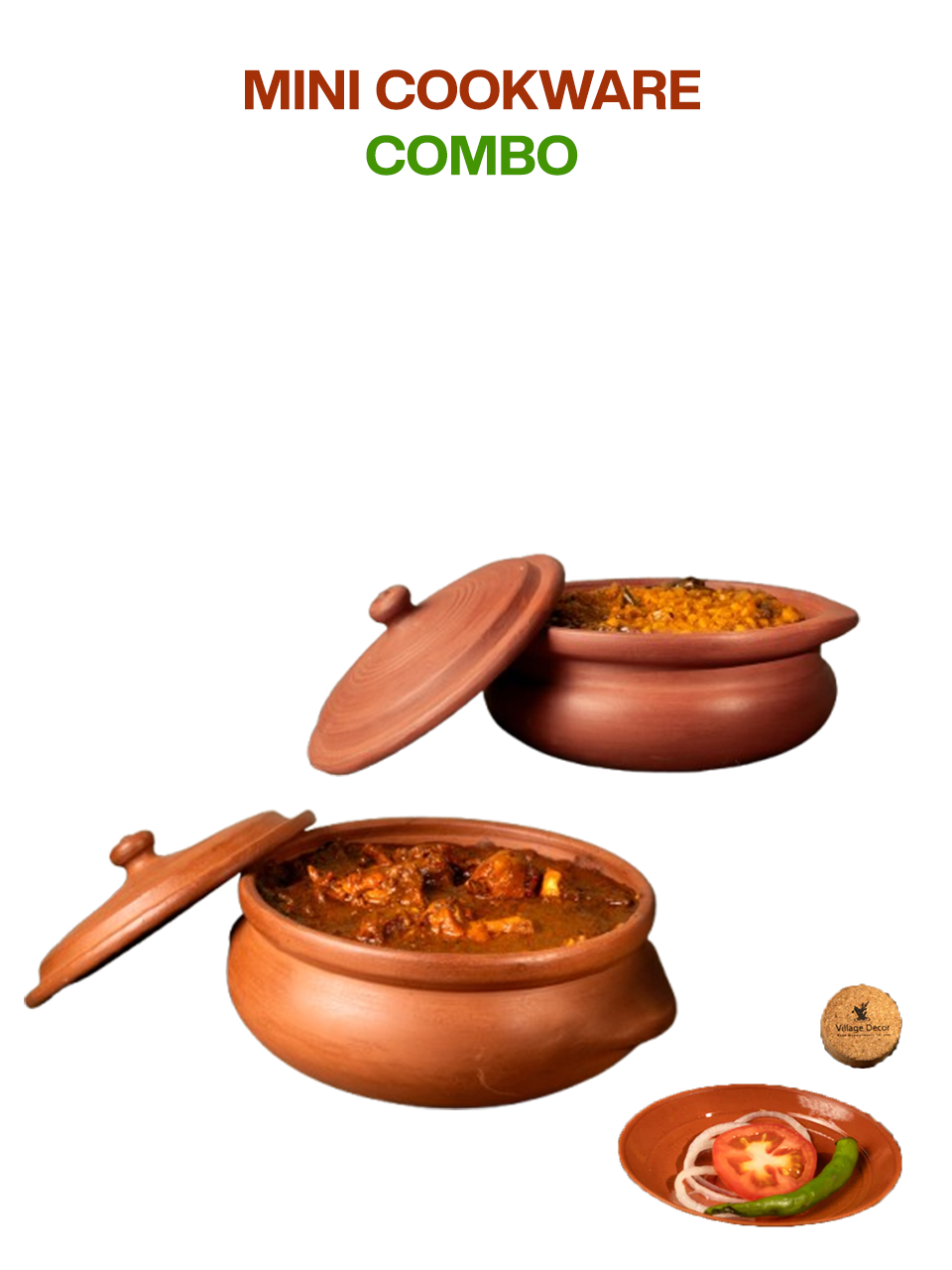 Traditional earthen clay cooking pot combo set with lid – perfect for making authentic South Indian dishes like Sambar, Kuruma, Kootu etc.,