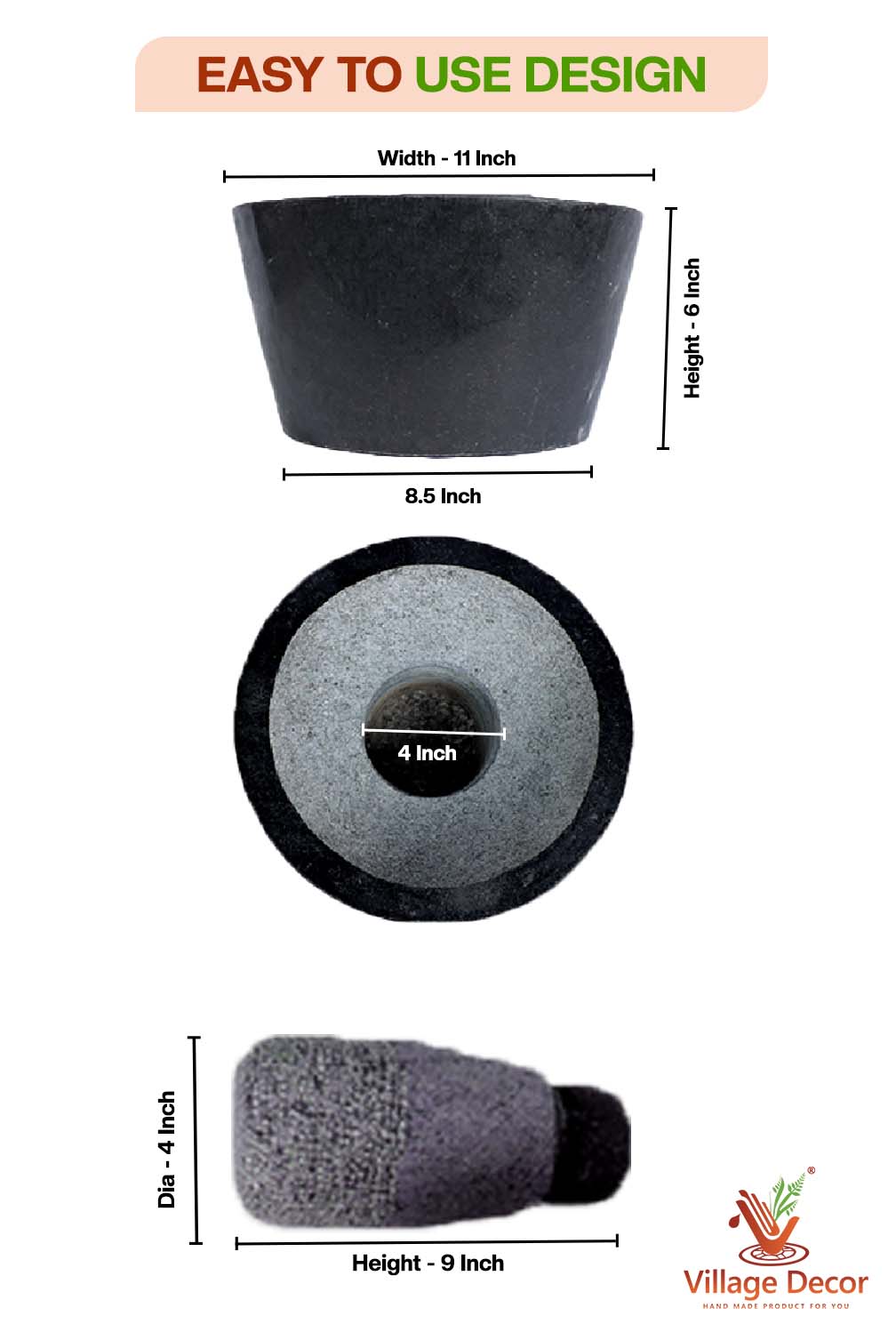 Black Stone Polished Attukal | Rubbu Rollu | Mortar & Pestle (B*H -11 * 6 Inch)