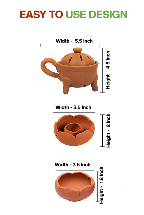 Dimension view of clay pooja essentials set with measurements of incense holder, lotus lamp, and agarbatti stand