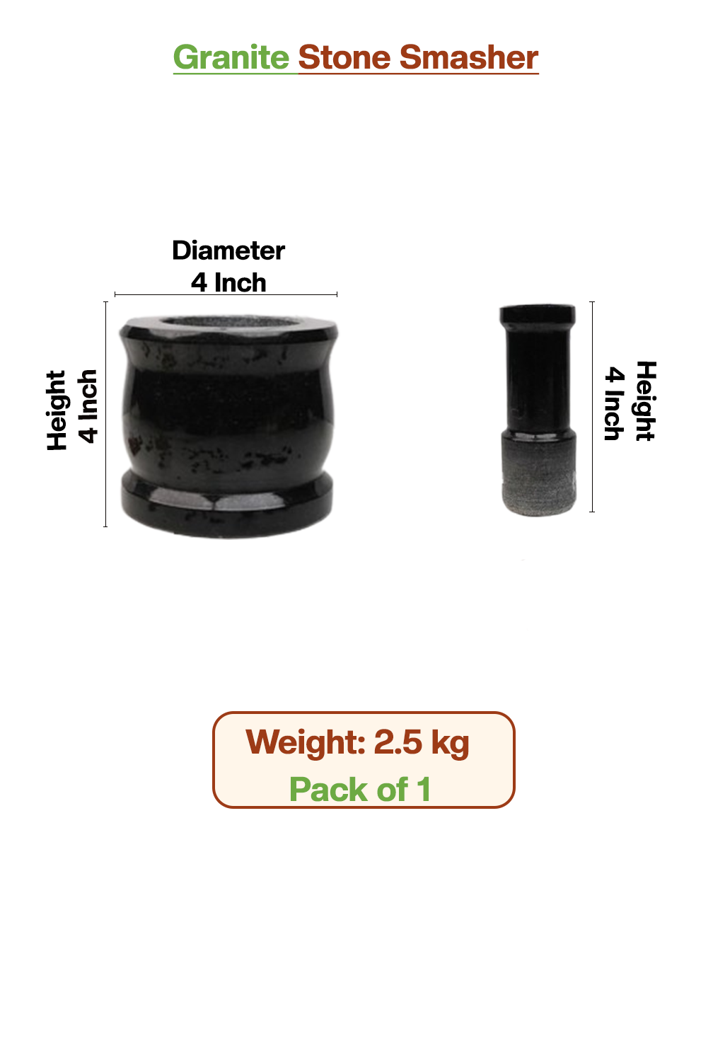 Granite stone ginger garlic crusher with dimensions and weight information on a white background.