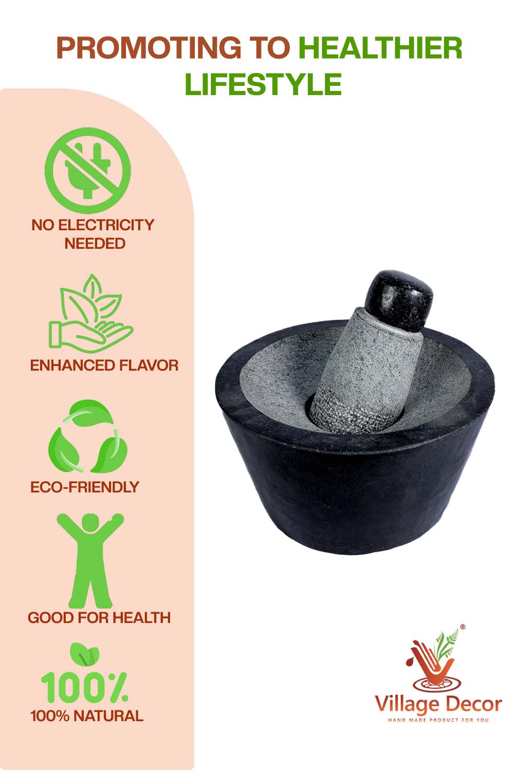 Black Stone Polished Attukal | Rubbu Rollu | Mortar & Pestle (B*H -11 * 6 Inch)
