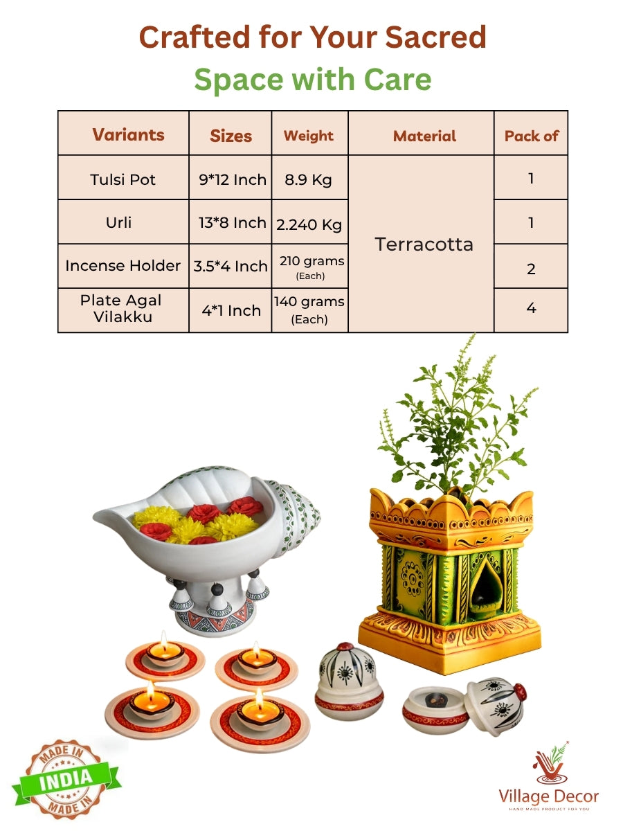 Terracotta pooja essentials combo showing sizes, weights, and pack details of clay lamp, incense holders and tulsi pot and sangu urli.