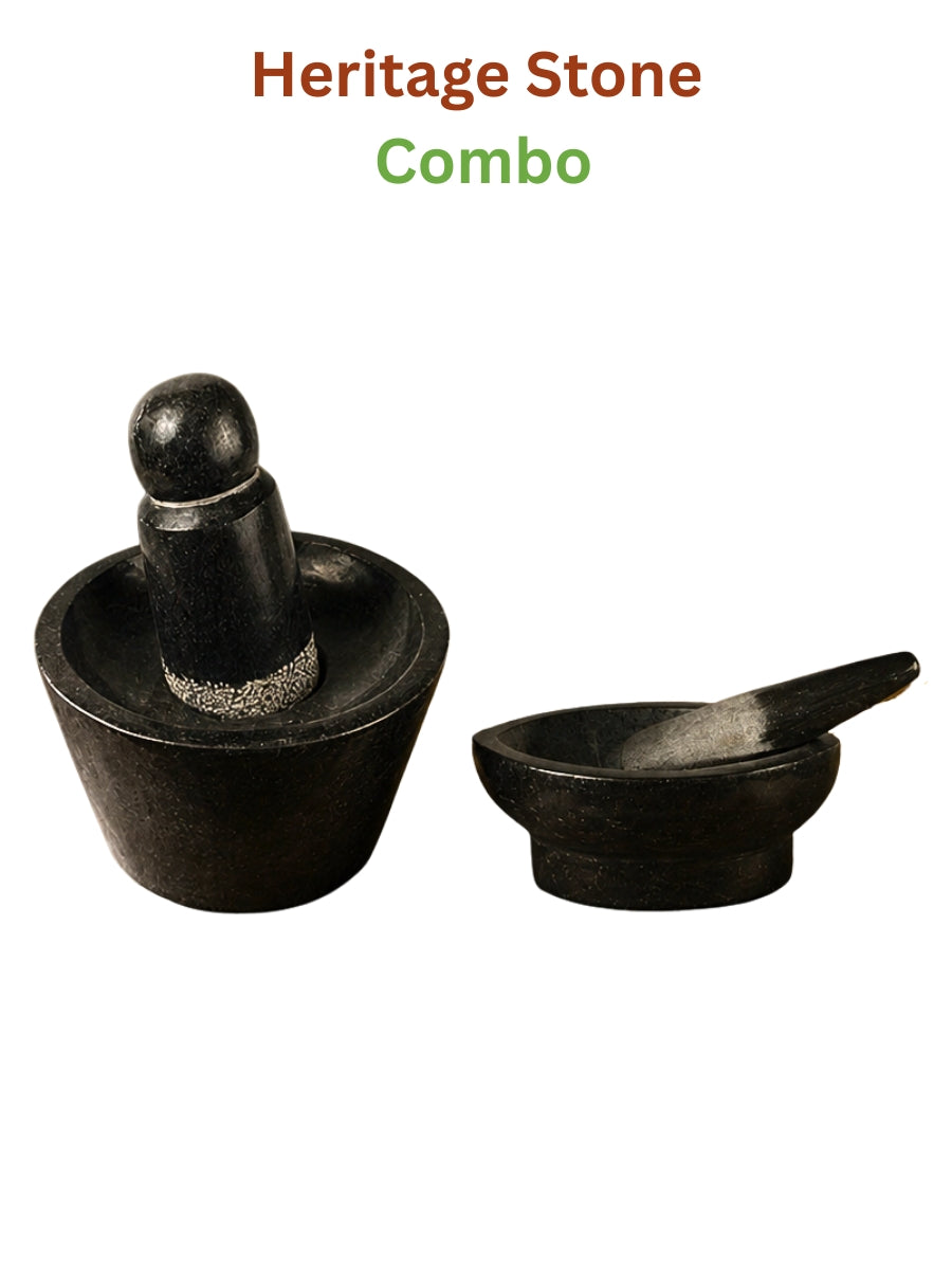 Unpolished stone Rubbu rollu (Attukal) and Kalvam (Kharal) combo displayed on a white background, ideal for traditional grinding in Indian kitchens