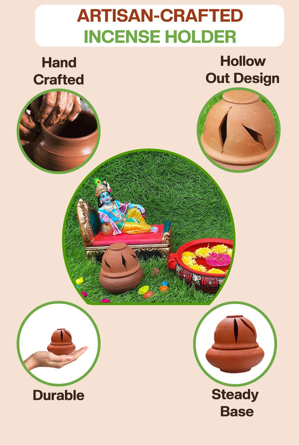 Artisan-crafted incense holder with hollow design, steady base, durable build, and perfect for festive or pooja setups.