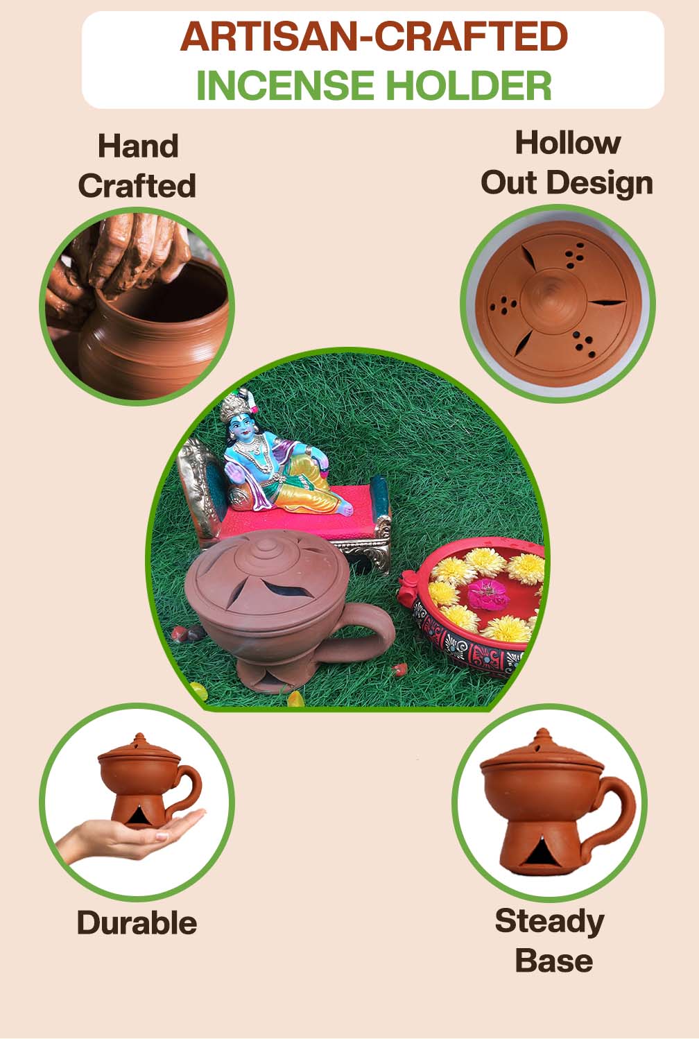 Artisan-crafted incense holder with hollow design, steady base, durable build, and perfect for festive or pooja setups.