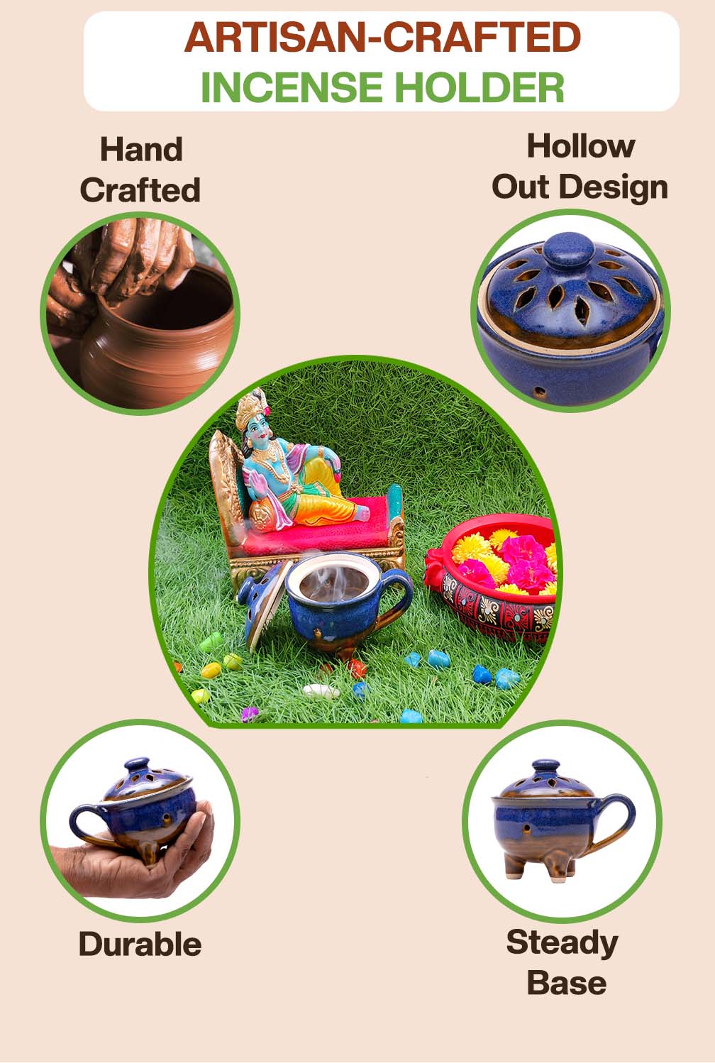 Artisan-crafted incense holder with hollow design, steady base, durable build, and perfect for festive or pooja setups.