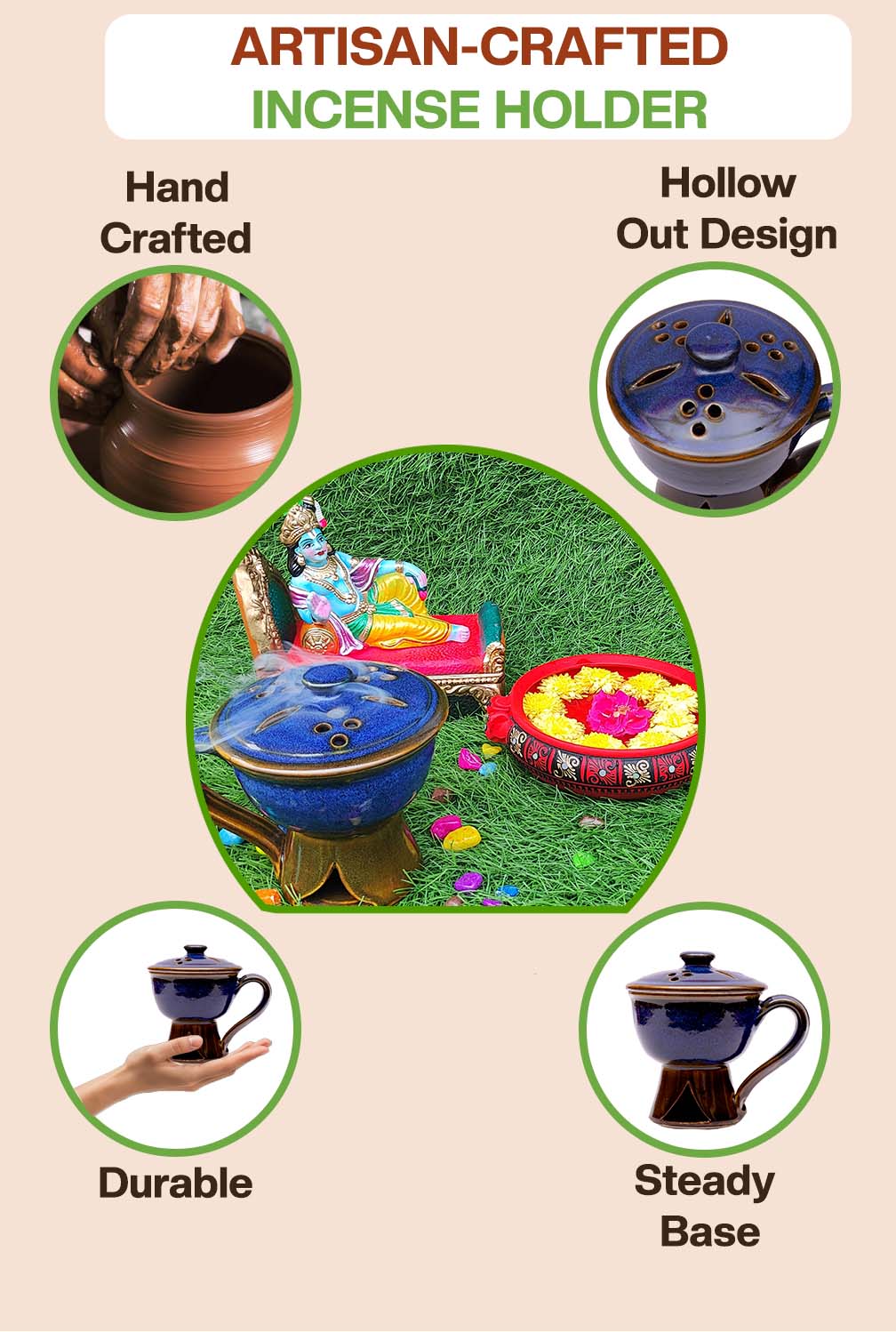 Artisan-crafted incense holder with hollow design, steady base, durable build, and perfect for festive or pooja setups.