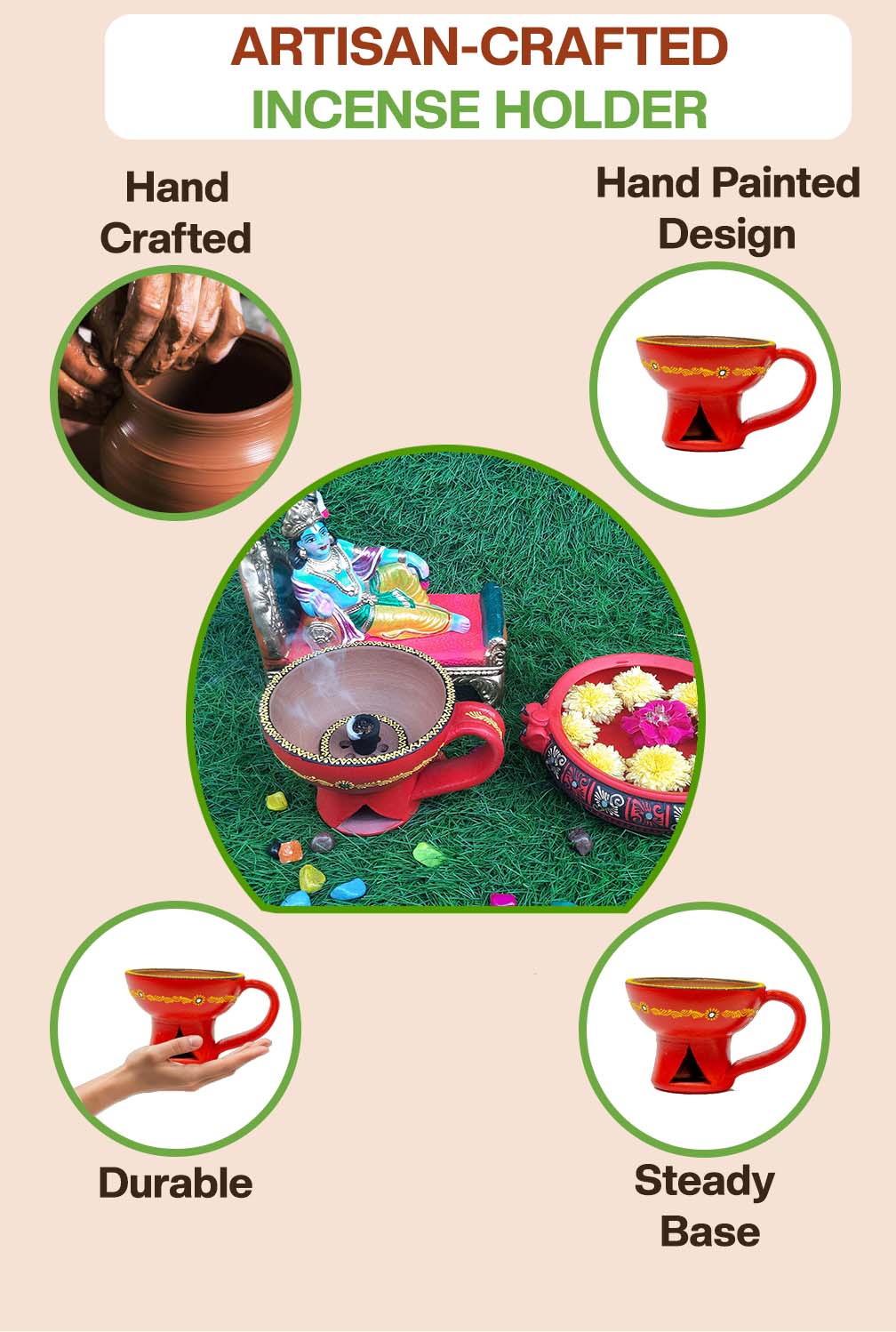 Artisan-crafted incense holder with hollow design, steady base, durable build, and perfect for festive or pooja setups.