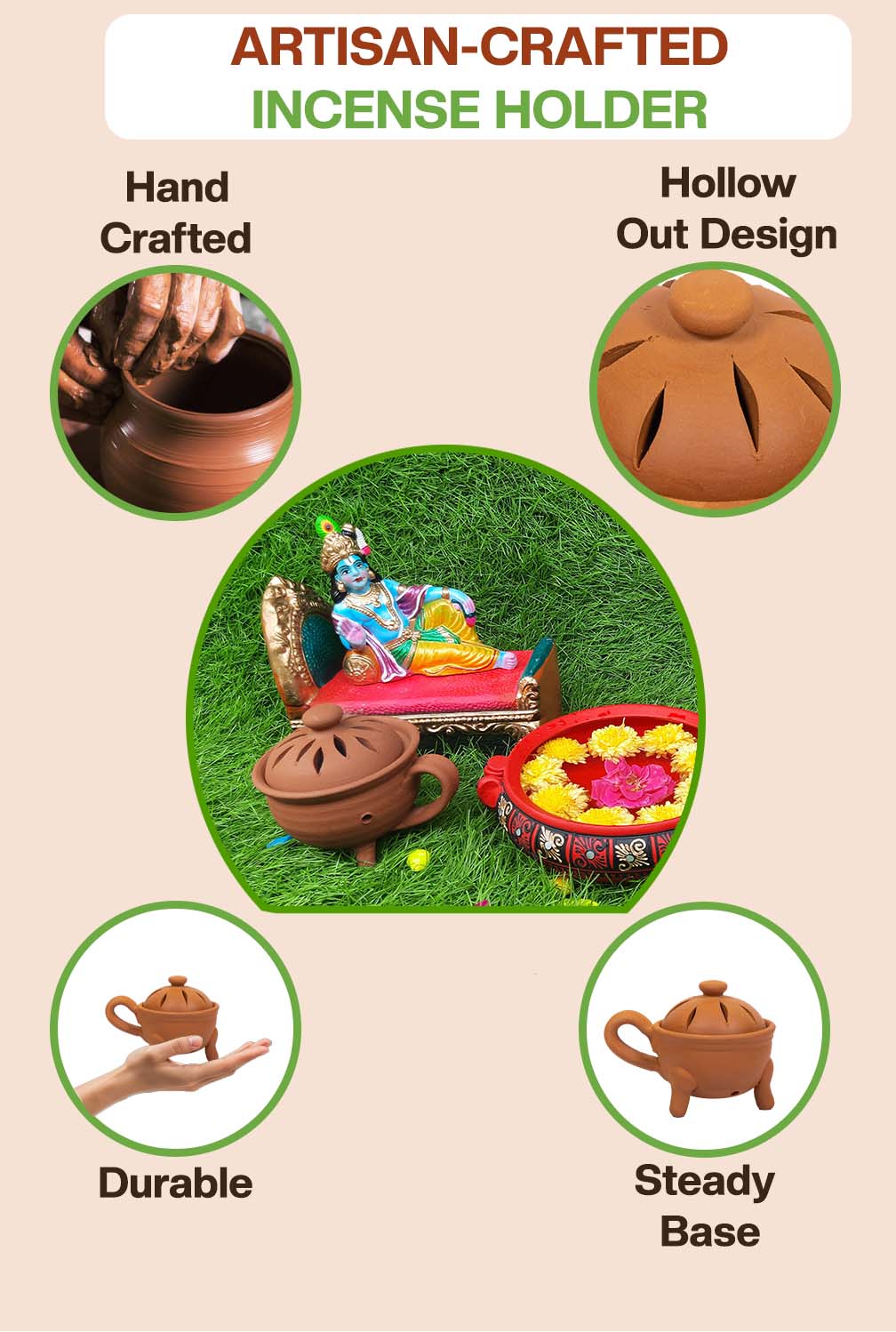 Artisan-crafted incense holder with hollow design, steady base, durable build, and perfect for festive or pooja setups.
