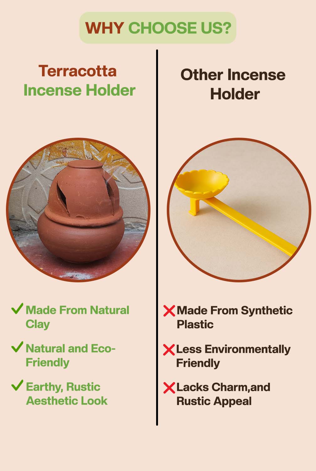 Comparison of terracotta and plastic incense holders highlighting eco-friendly, aesthetic, and natural benefits of terracotta.