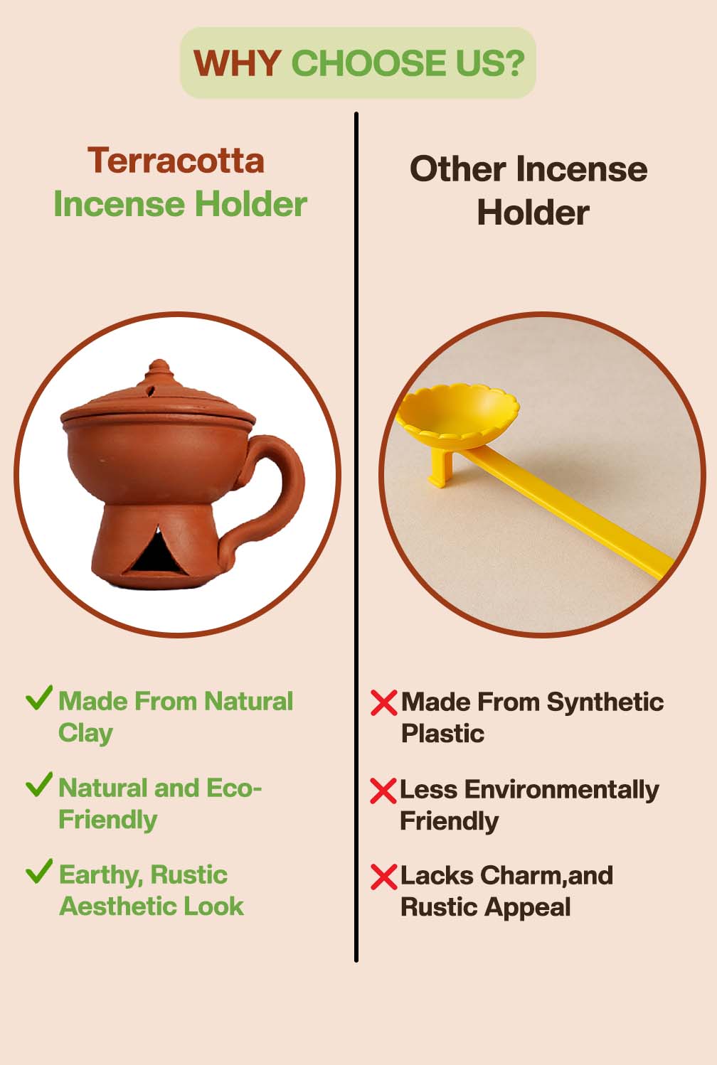 Comparison of terracotta and plastic incense holders highlighting eco-friendly, aesthetic, and natural benefits of terracotta.