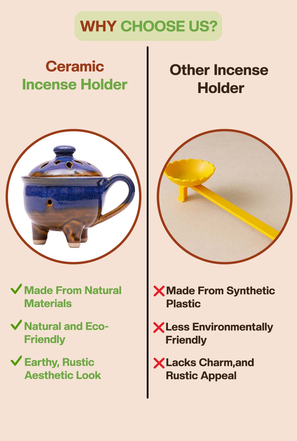 Comparison of terracotta and plastic incense holders highlighting eco-friendly, aesthetic, and natural benefits of terracotta.