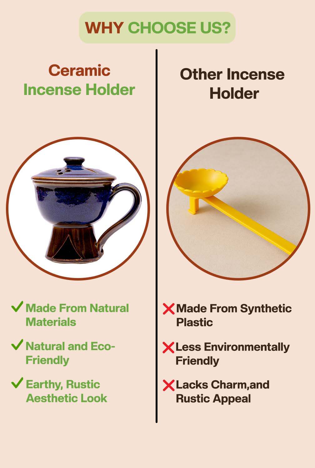 Comparison of terracotta and plastic incense holders highlighting eco-friendly, aesthetic, and natural benefits of terracotta.