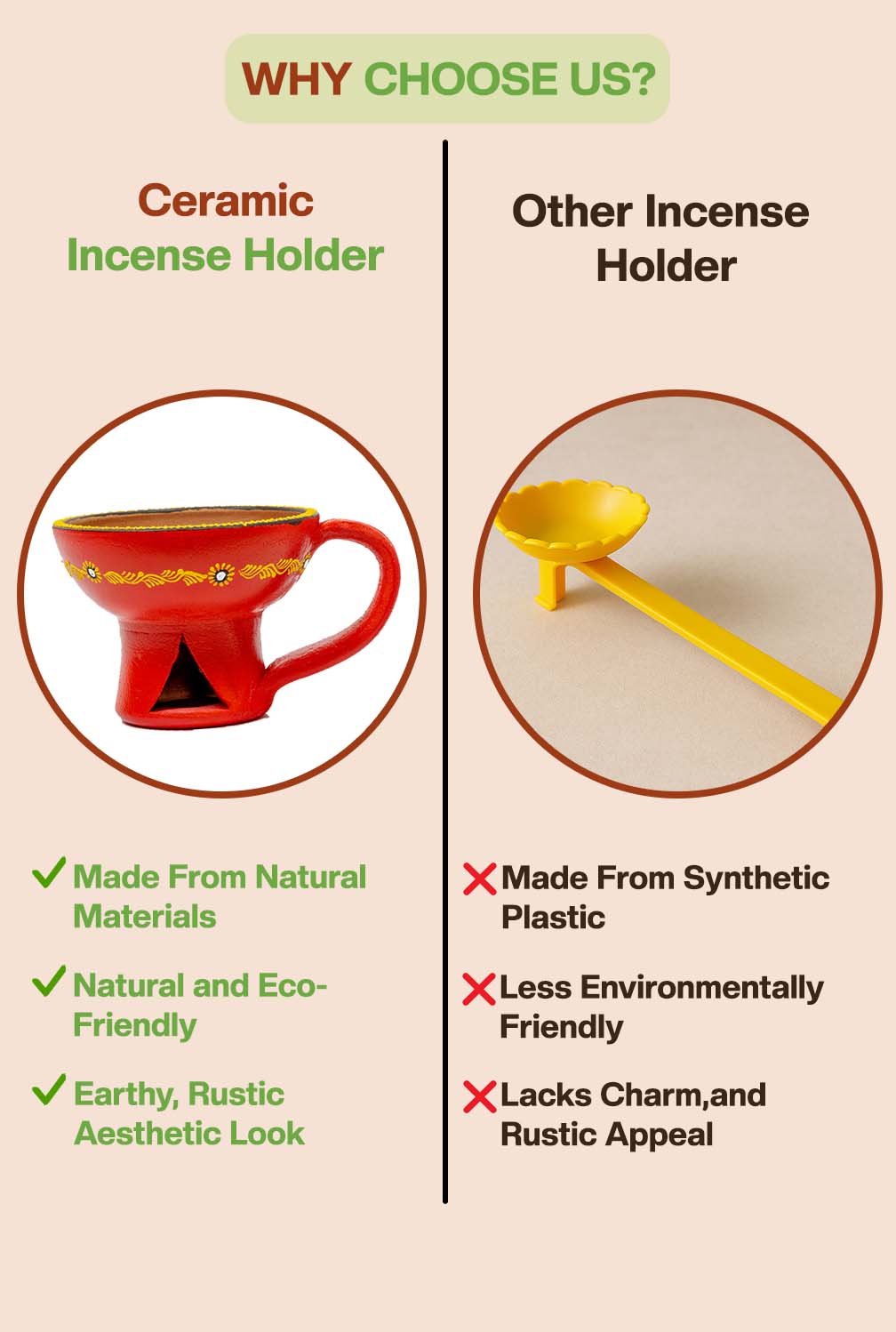 Comparison of terracotta and plastic incense holders highlighting eco-friendly, aesthetic, and natural benefits of terracotta.
