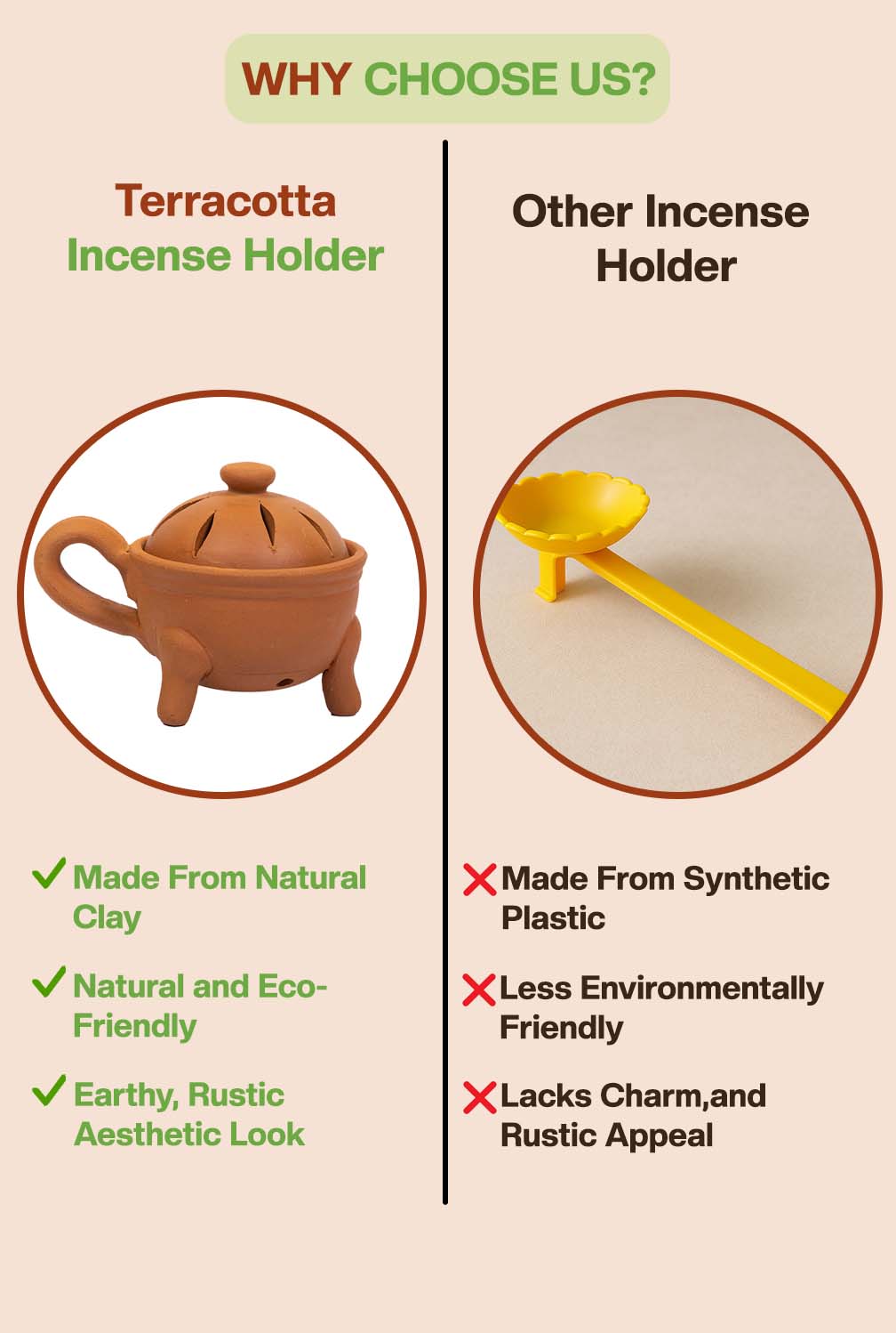 Comparison of terracotta and plastic incense holders highlighting eco-friendly, aesthetic, and natural benefits of terracotta.