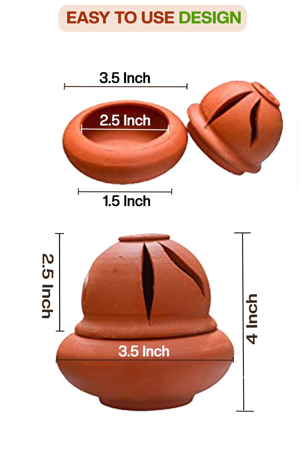Incense holder dimension view showing height and width with lid open and closed, labeled measurements for pooja and dhoop use.