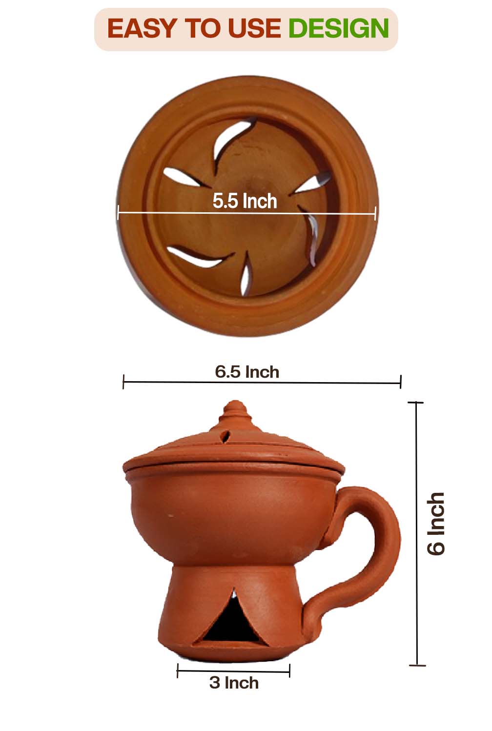 Incense holder dimension view showing height and width with lid open and closed, labeled measurements for pooja and dhoop use.
