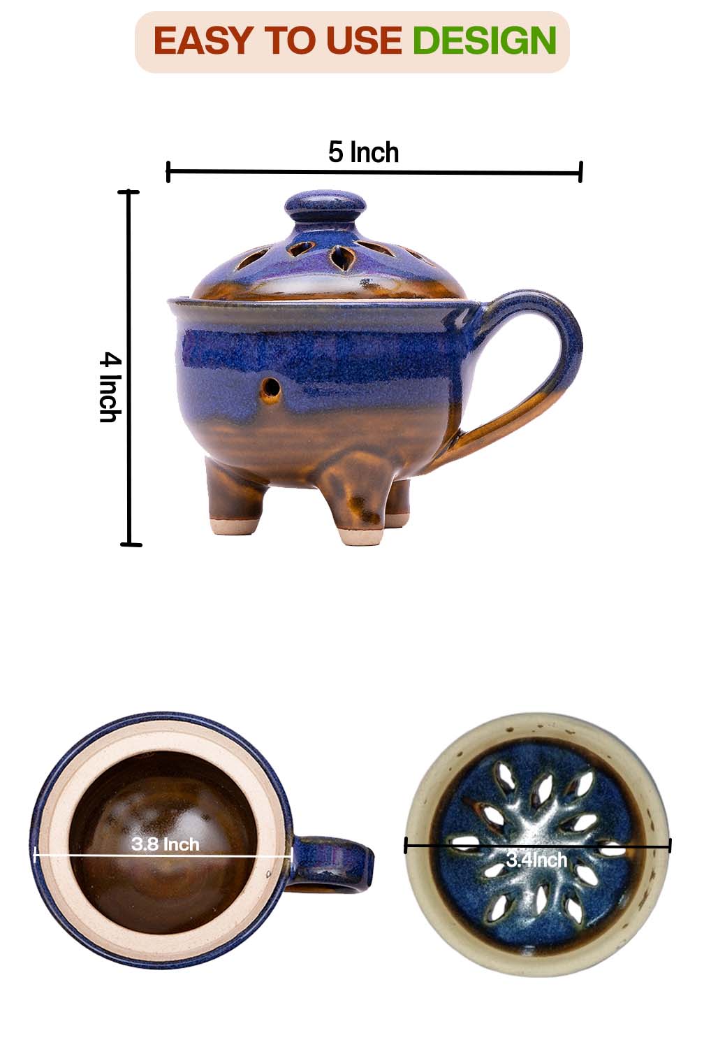 Incense holder dimension view showing height and width with lid open and closed, labeled measurements for pooja and dhoop use.