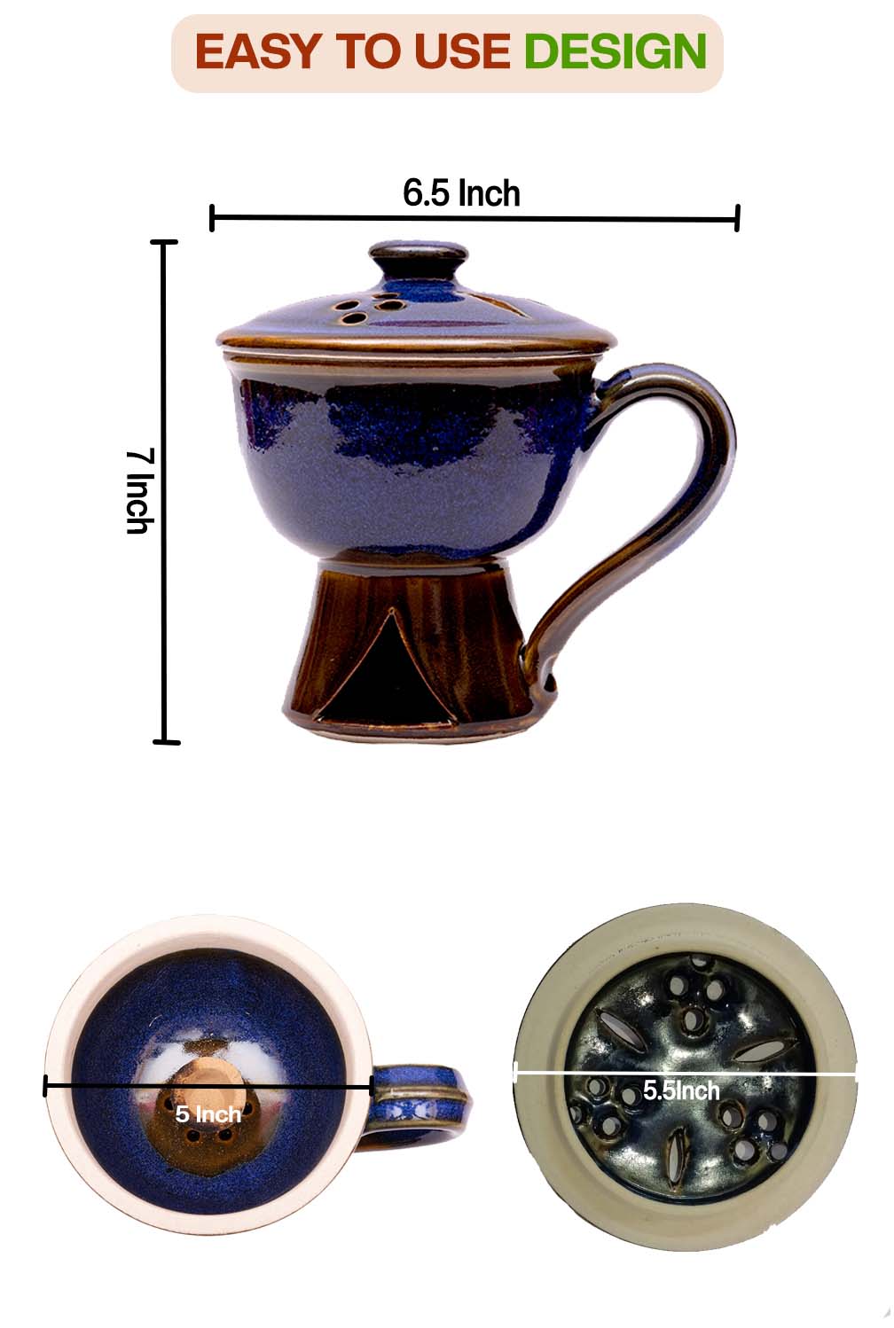 Incense holder dimension view showing height and width with lid open and closed, labeled measurements for pooja and dhoop use.