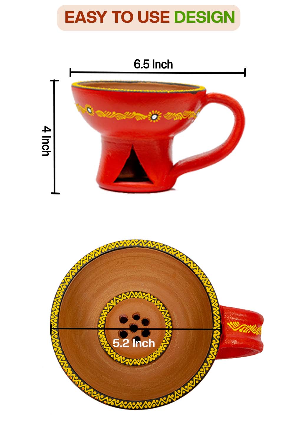 Incense holder dimension view showing height and width with lid open and closed, labeled measurements for pooja and dhoop use.