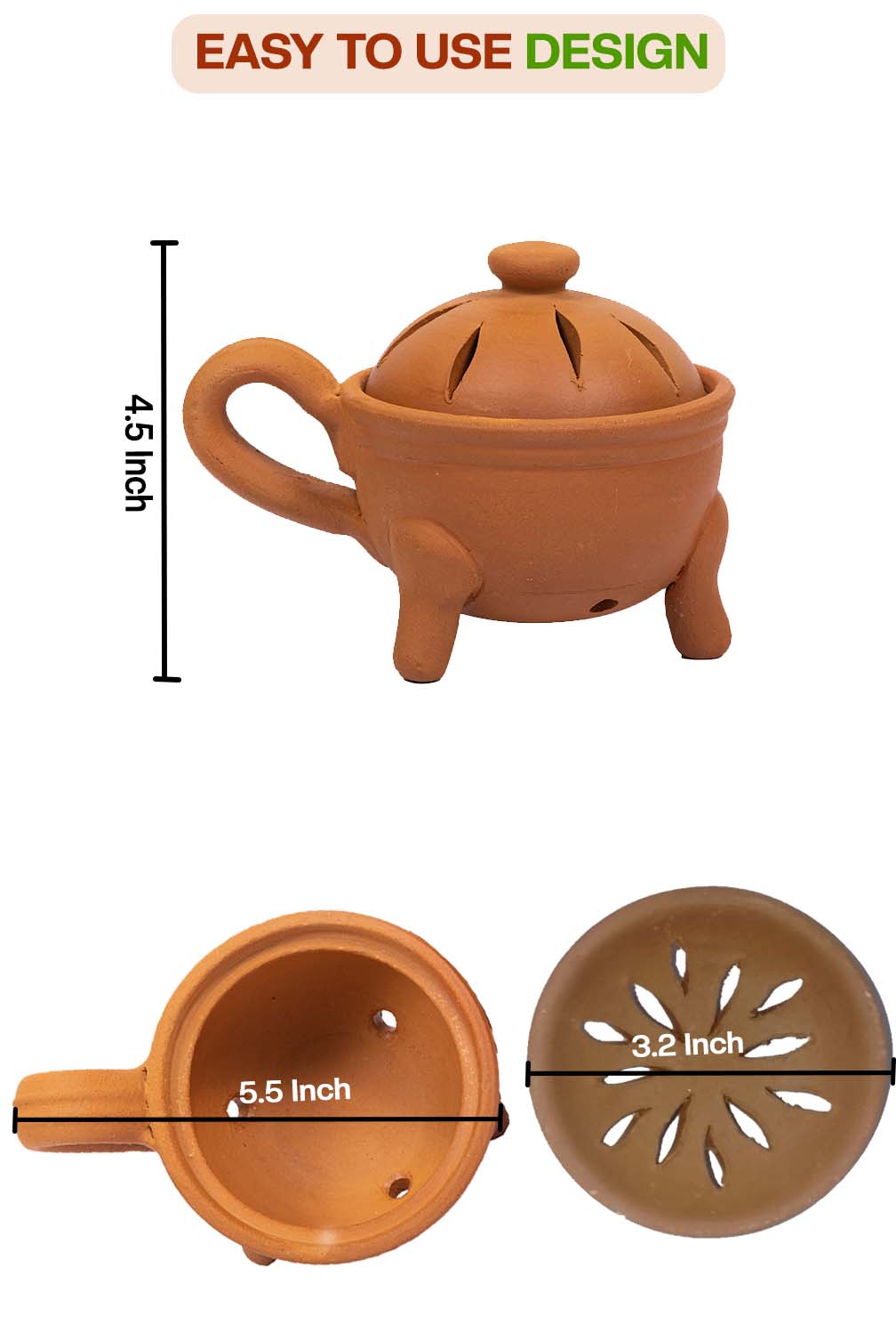 Incense holder dimension view showing height and width with lid open and closed, labeled measurements for pooja and dhoop use.