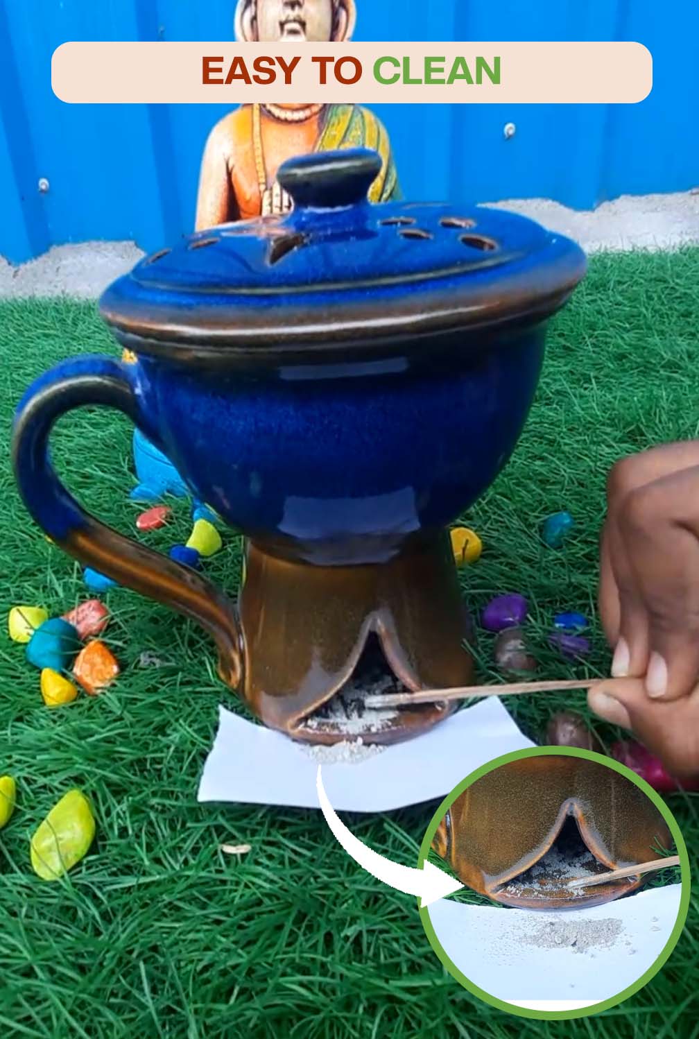 Close-up view of incense holder with bottom opening showing easy ash removal and simple cleaning process after use.