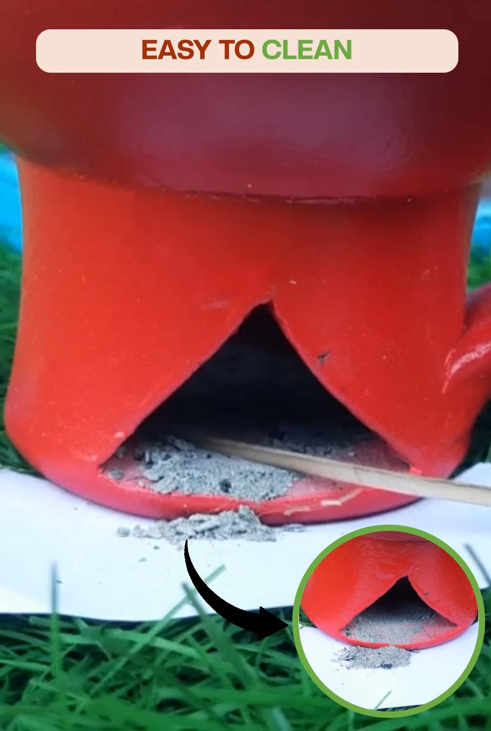 Close-up view of incense holder with bottom opening showing easy ash removal and simple cleaning process after use.