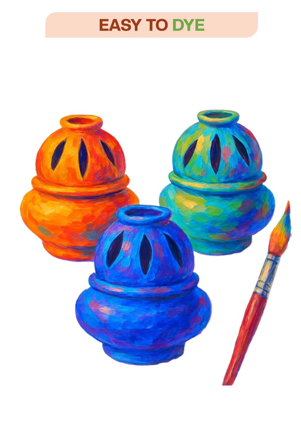Decorative incense holders in vibrant colors with brush, highlighting easy-to-dye feature for creative use.